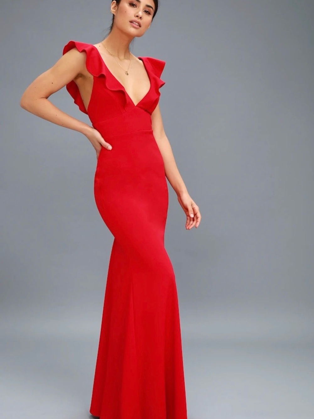 Lulu's Red Ruffle V-Neck Maxi Gown